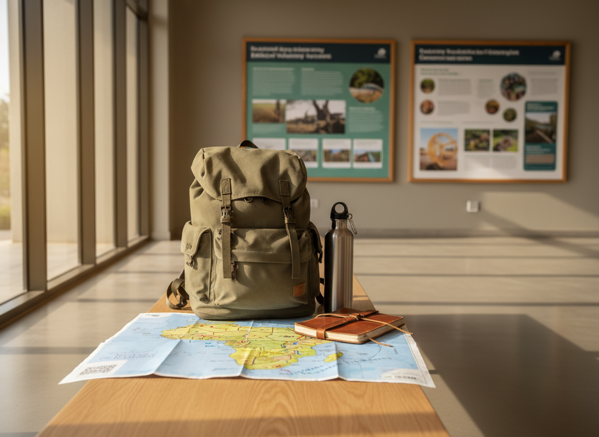 A carefully packed olive-green volunteer’s backpack rests on a smooth wooden bench inside a bright, modern lodge lobby. Beside it, a detailed, unfolded map of Africa shows highlighted routes to various community projects, along with a weathered field notebook and a stainless-steel reusable water bottle. Soft late-morning natural light filters through large glass windows, creating gentle reflections on the polished floor and subtle shadows under the bag. In the background, slightly out of focus, are informational boards about ethical volunteering and conservation. Photographic realism, eye-level composition, and a clean, professional aesthetic convey a sense of purposeful, responsible adventure and thoughtful preparation.