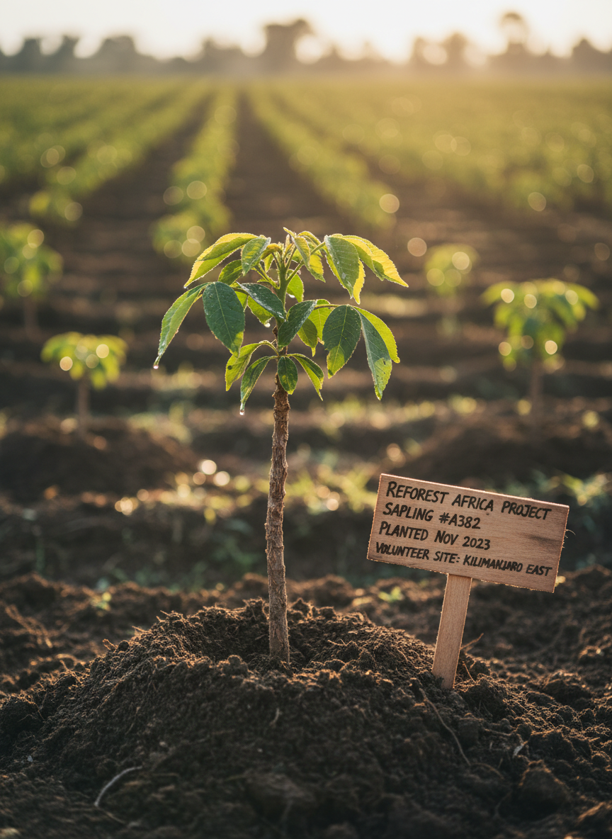 A close-up, low-angle view of a young tree sapling planted in rich, dark soil within a reforestation volunteer site in Africa. A small wooden sign with clearly legible project information stands next to the sapling, while rows of additional saplings extend softly out of focus into the background. Early morning light creates delicate dew highlights on fresh leaves and subtle bokeh in the distance. Photographic realism emphasizes textures of soil, bark, and foliage. The composition centers the sapling, symbolizing growth and long-term impact, with a calm, optimistic atmosphere that reflects carefully managed environmental volunteer work and measurable community benefits.