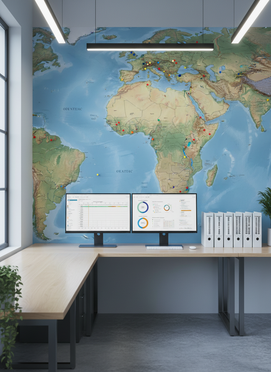 A clean, organized volunteer coordination office space with a large wall-mounted map of Africa covered in color-coded pins indicating project locations. Beneath the map, a long, light-wood desk supports dual computer monitors showing dashboards of project timelines and impact metrics, alongside a tidy row of binders labeled with different community initiatives. Soft, cool daylight from a nearby window mixes with subtle overhead LED lighting, creating a professional, evenly lit environment. Photographic realism with an eye-level composition and sharp focus throughout highlights meticulous organization. The overall mood is competent, transparent, and trustworthy, showcasing the behind-the-scenes structure that supports ethical volunteer travel.