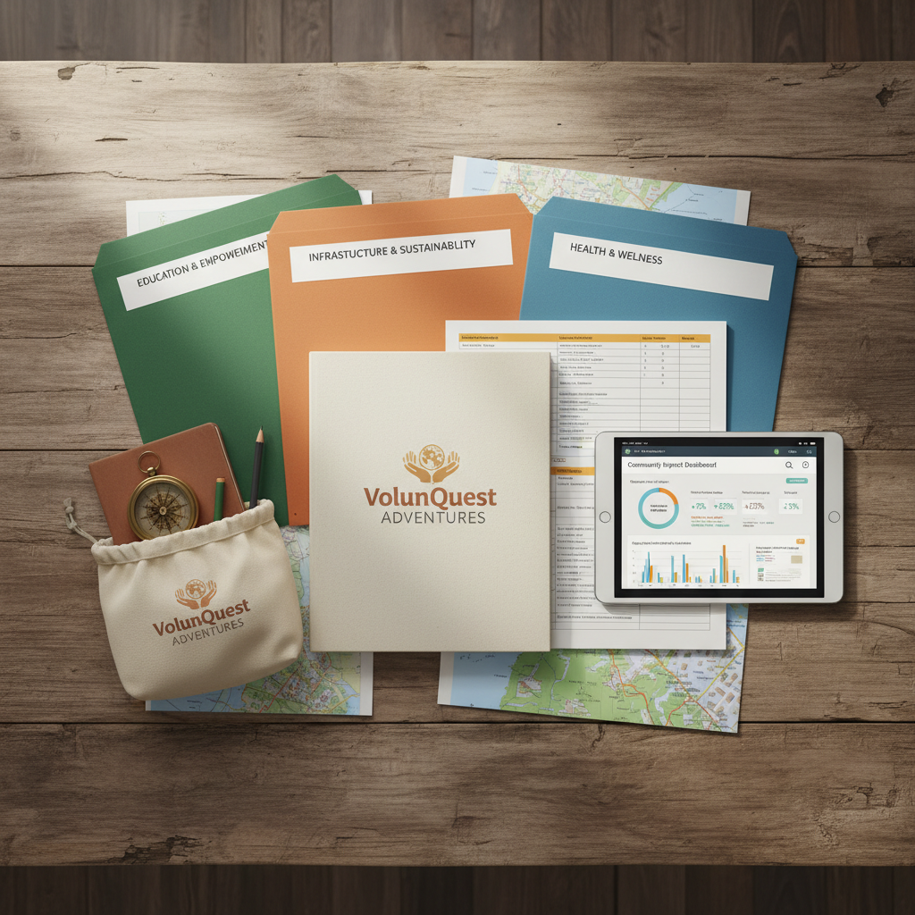 A wide overhead view of a rustic wooden table covered with neatly arranged planning materials for an ethical volunteer trip to Africa. There is a detailed itinerary booklet labeled “VolunQuest Adventures,” color-coded project folders, a tablet displaying a community impact dashboard, and an eco-friendly canvas pouch with visible field tools like a compass and notebook. Diffused daylight from a nearby window creates soft, even lighting with minimal shadows, emphasizing textures of paper and wood. The composition is balanced and organized, reflecting professionalism and clarity. Photographic realism with natural tones evokes a calm, trustworthy, and mission-focused atmosphere, ideal for representing transparent and well-structured volunteer travel planning.