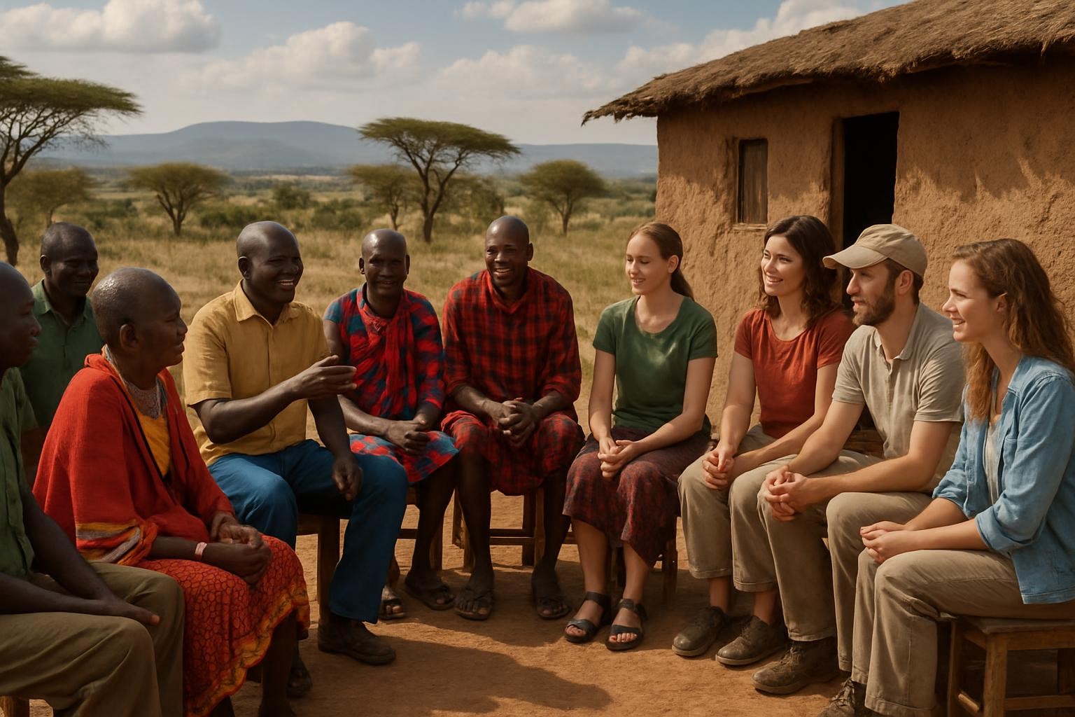 Local Kenyan community meeting with international volunteers discussing sustainable development projects in a village setting, ethical travel, Africa landscape